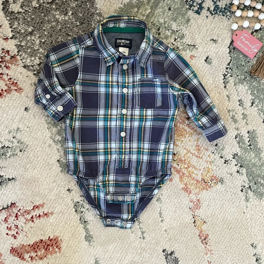 OshKosh B’Gosh Rustic Plaid Long-Sleeve Baby Boy Long Sleeve Bodysuit Shirt 12M